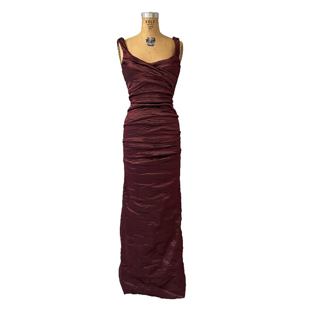 Nicole Miller Metallic Taffeta Crinkle Stretch Mermaid Gown Burgundy Size 6 NWT